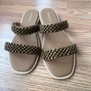 Kaanas Beaded Brown Double-Strap Slide Sandals